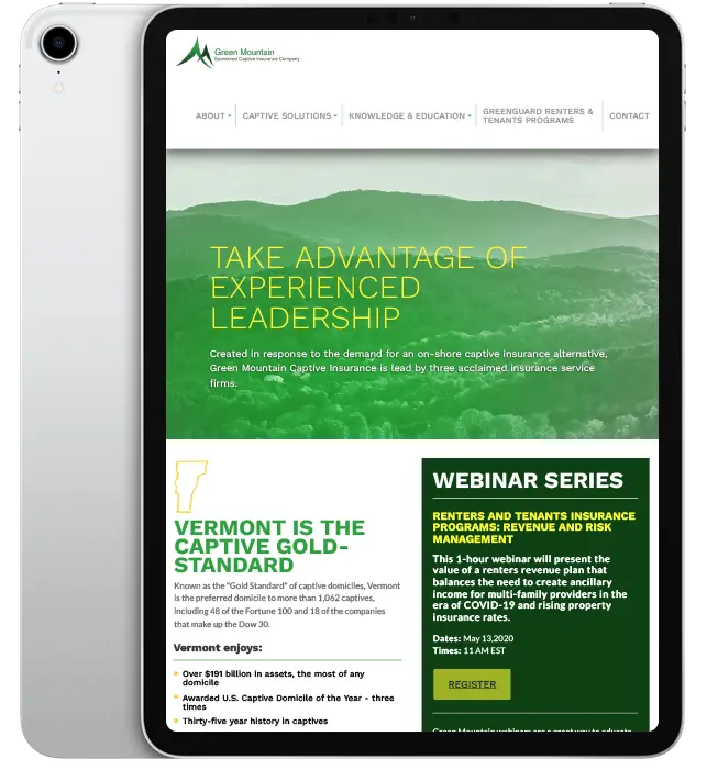 Website design for Green Mt. Captive - ipad view.