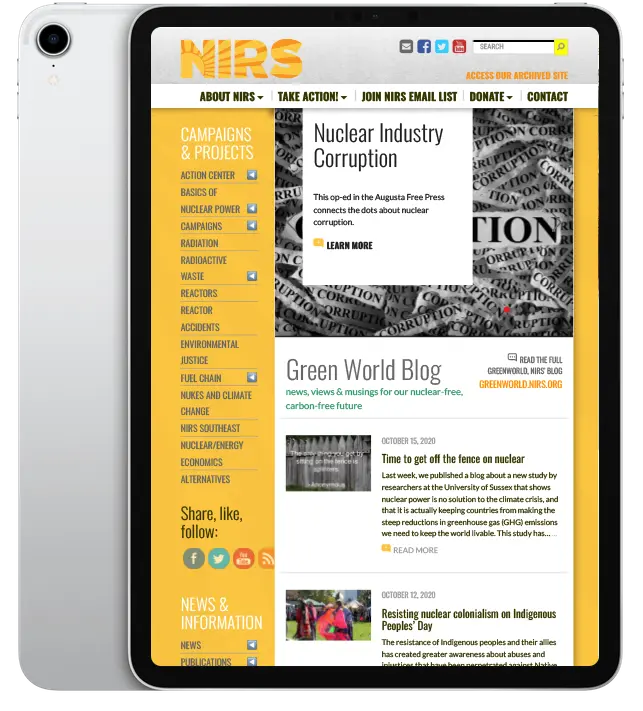 Website design for N.I.R.S. - ipad view.