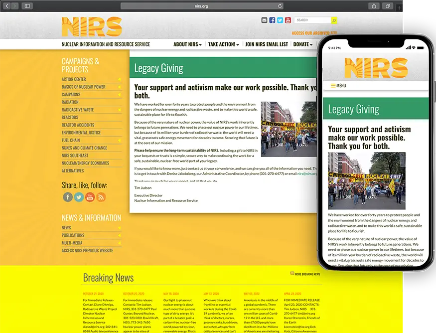 Website development for N.I.R.S. - desktop and mobile view.