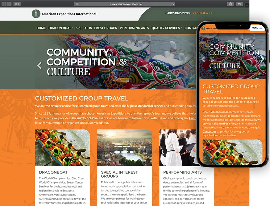 Website development for American Expeditions - desktop and mobile view.