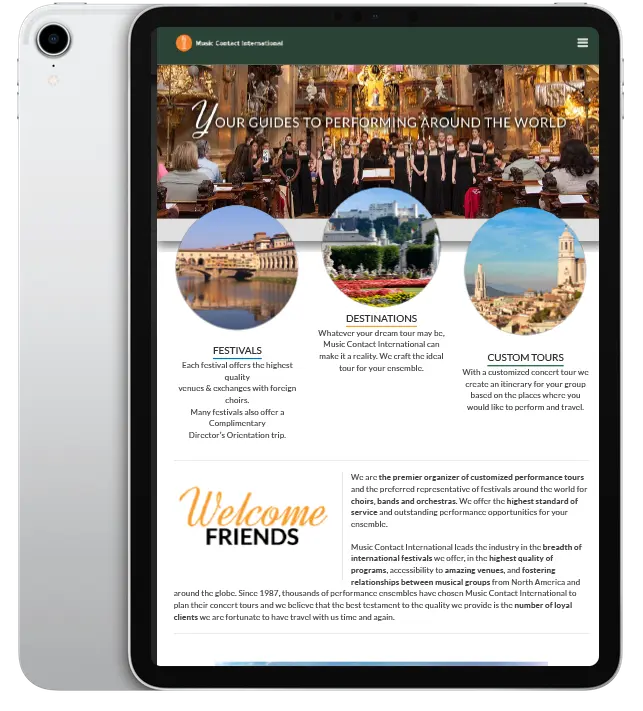 Website design for Music Contact International - ipad view.