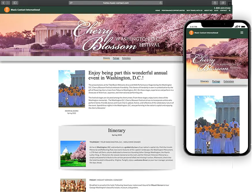 Website development for Music Contact International - desktop and mobile view.