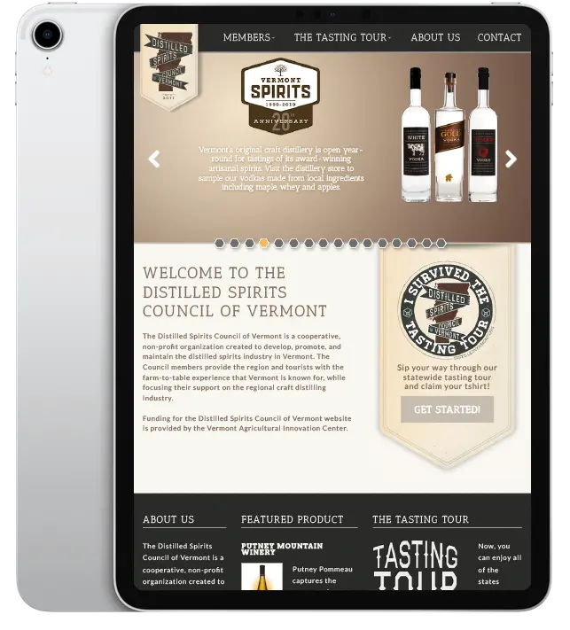 Website design for Distilled Spirits Council of Vermont - ipad view.