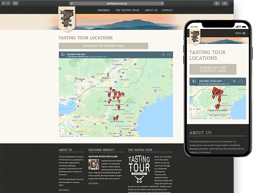 Website development for Distilled Spirits Council of Vermont - desktop and mobile view.