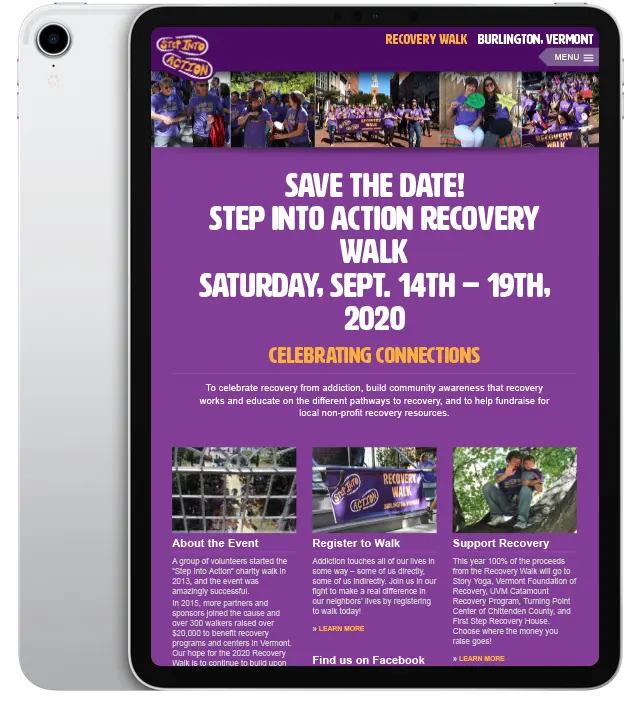 Website design for Step Into Action Recovery Walk - ipad view.