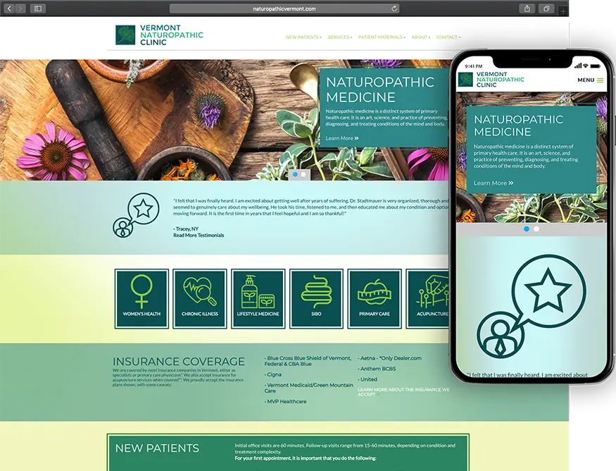 Website development for Vermont Naturopathic Clinic - desktop and mobile view.