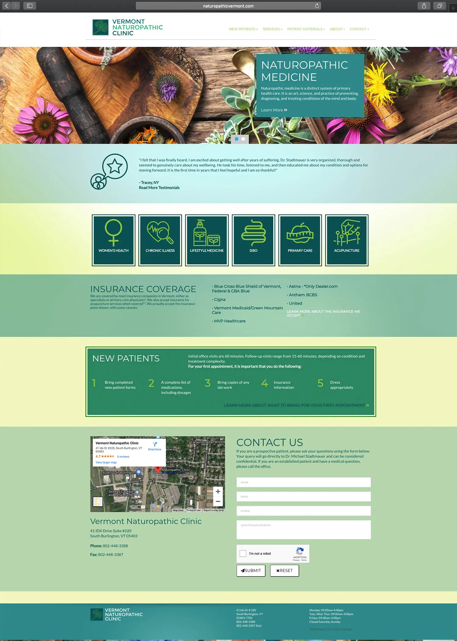 Website design and website development for Vermont Naturopathic Clinic - homepage view.
