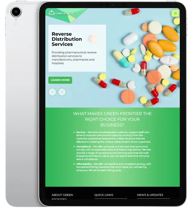 Website design for Green Frontier - ipad view.