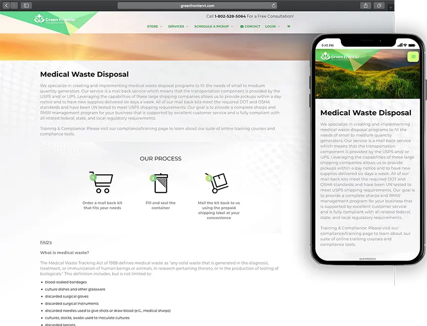 Website development for Green Frontier - desktop and mobile view.