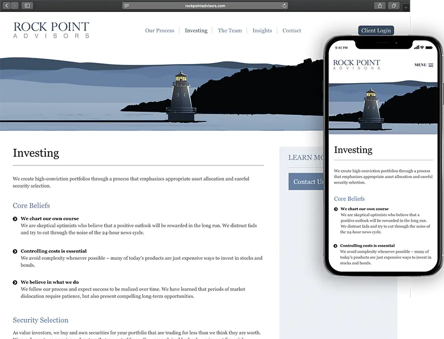 Website development for Rock Point Advisors - desktop and mobile view.