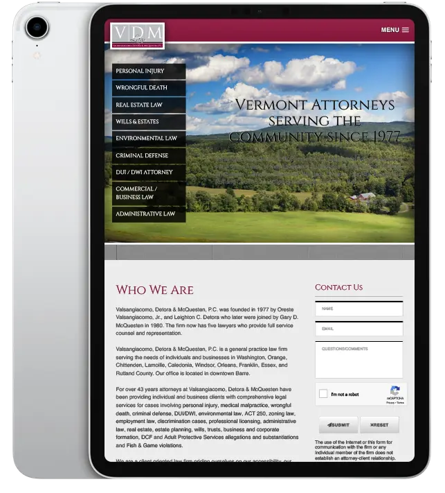 Website design for VDM Law - ipad view.