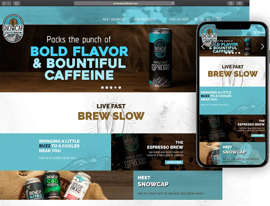 Website development for Snowcap Coldbrew - desktop and mobile view.