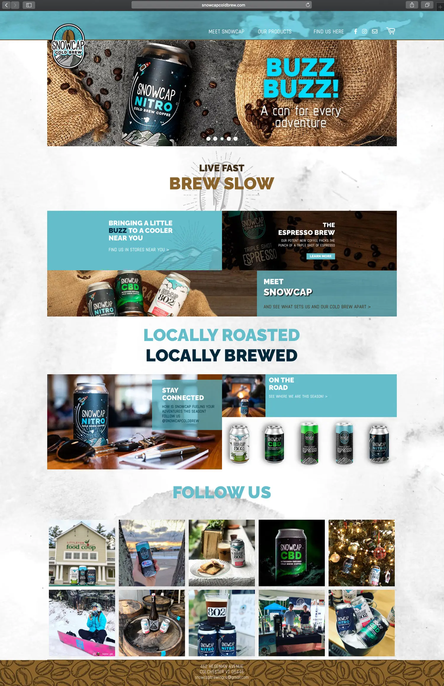 Website design and website development for Snowcap Coldbrew - homepage view.