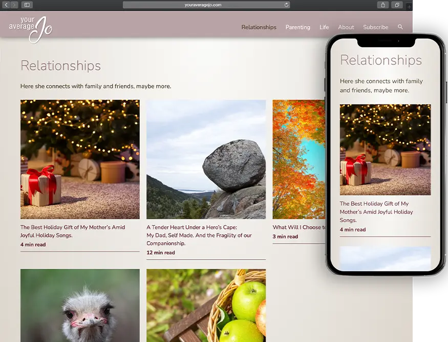 Website development for Your Average Jo - desktop and mobile view.