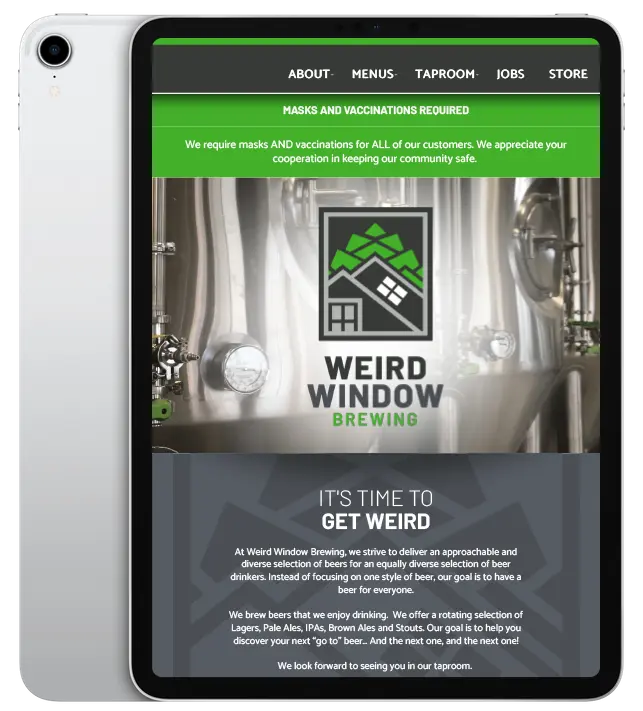 Website design for Weird Window Brewing - ipad view.