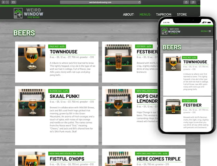 Website development for Weird Window Brewing - desktop and mobile view.