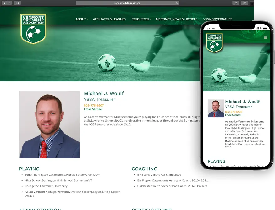 Website development for VSSA - desktop and mobile view.