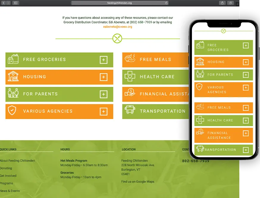 Website development for Feeding Chittenden - desktop and mobile view.