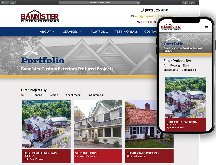 Website development for Bannister Roofing and Custom Exteriors - desktop and mobile view.