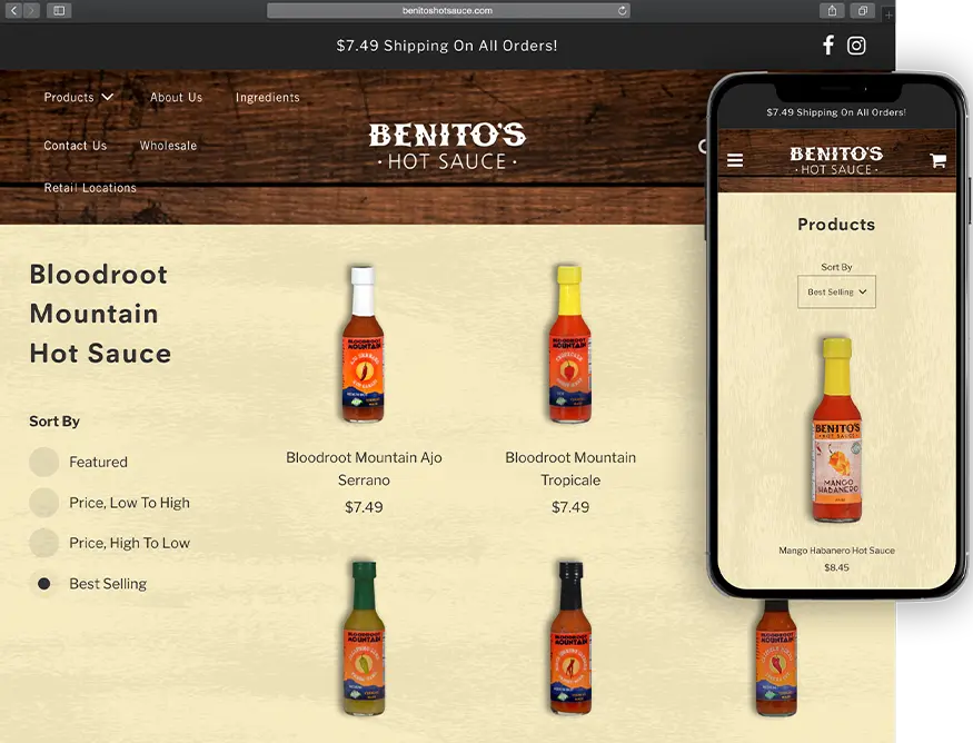 Website development for Benitos - desktop and mobile view.