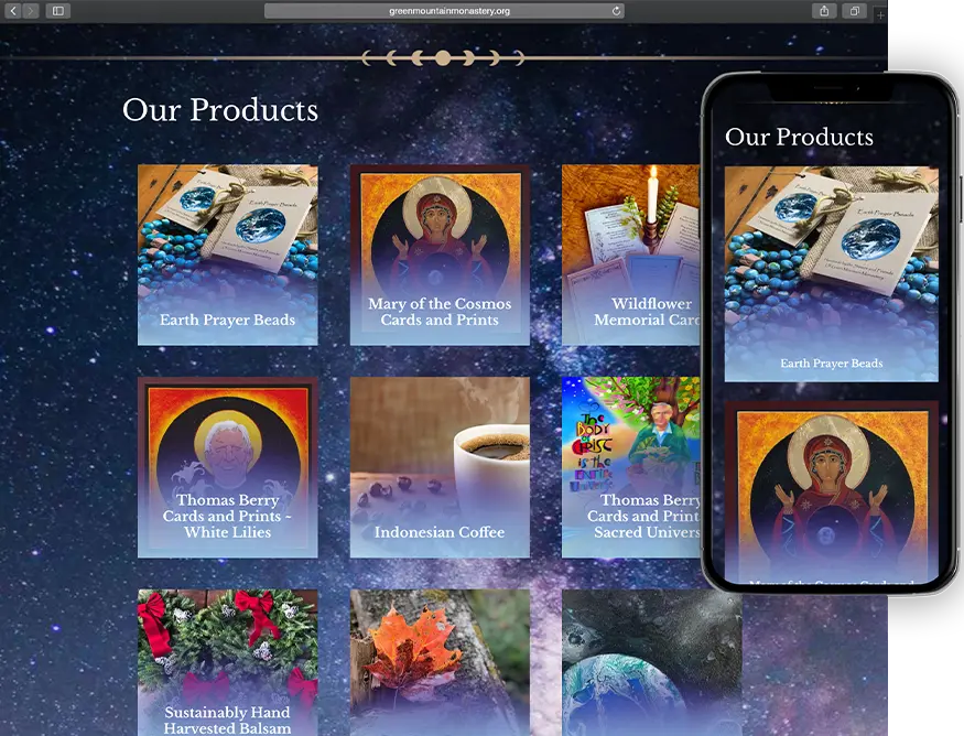 Website development for Green Mountain Monistary - desktop and mobile view.