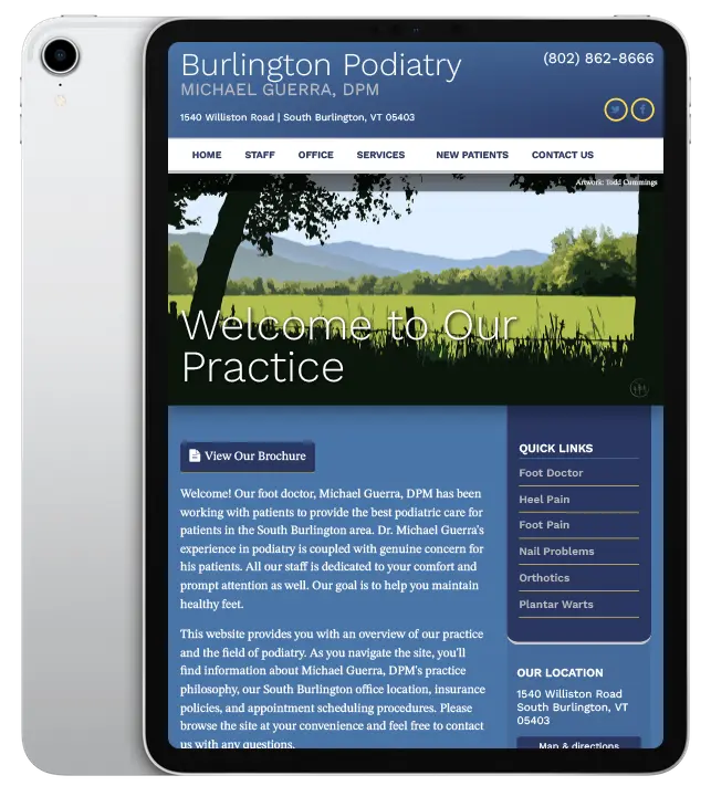 Website design for Burlington Podiatry - ipad view.