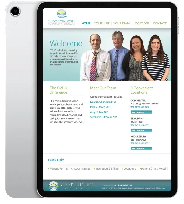 Website design for Champlain Valley Hematology and Oncology - ipad view.