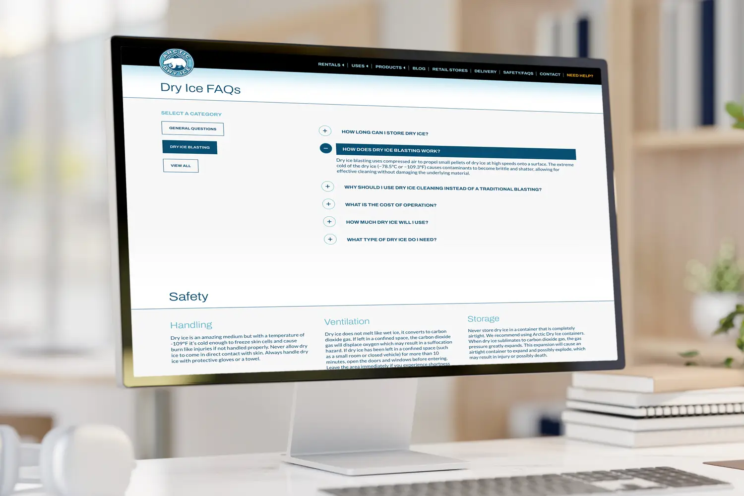 Website design for Arctic Dry Ice - desktop view.