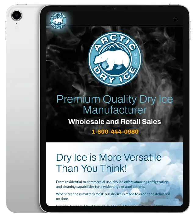 Website design for Arctic Dry Ice - ipad view.