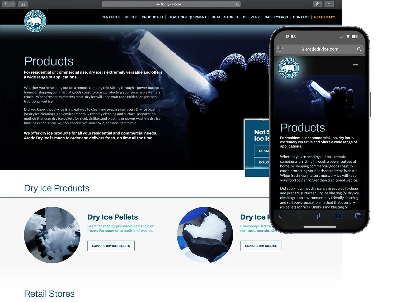 Website design for Arctic Dry Ice - alt view.