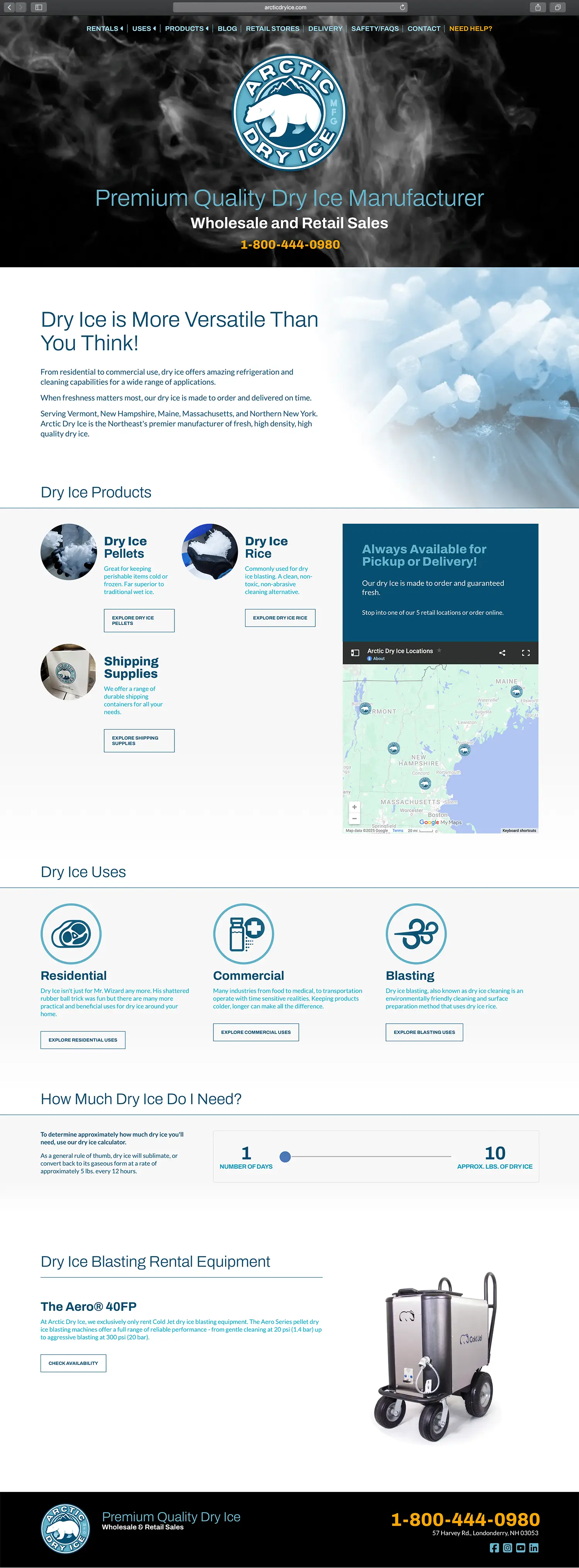 Website design and website development for Arctic Dry Ice - homepage view.