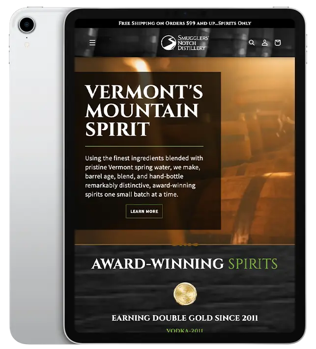 Website design for Smugglers' Notch Distillery - ipad view.