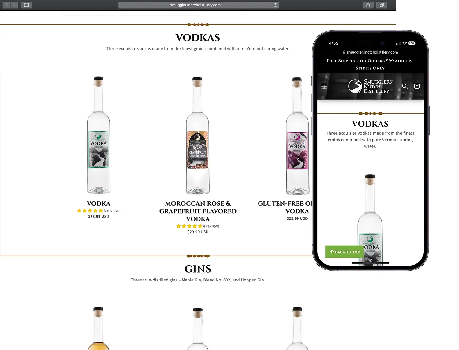 Website design for Smugglers' Notch Distillery - alt view.