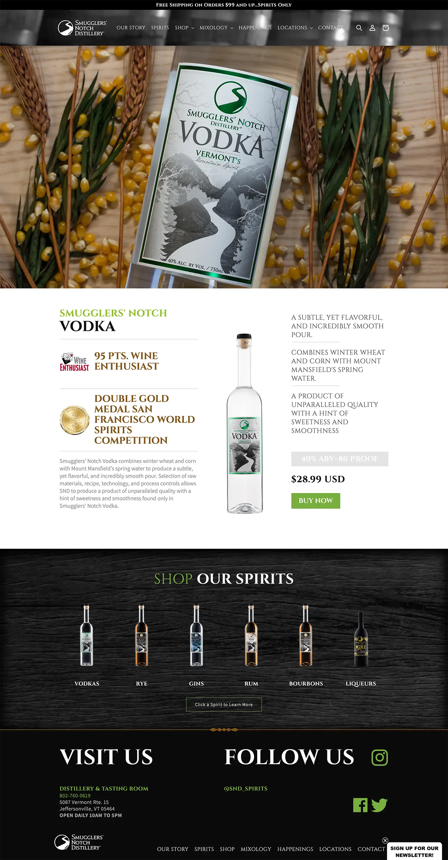 Website design and website development for Smugglers' Notch Distillery - secondary page view.