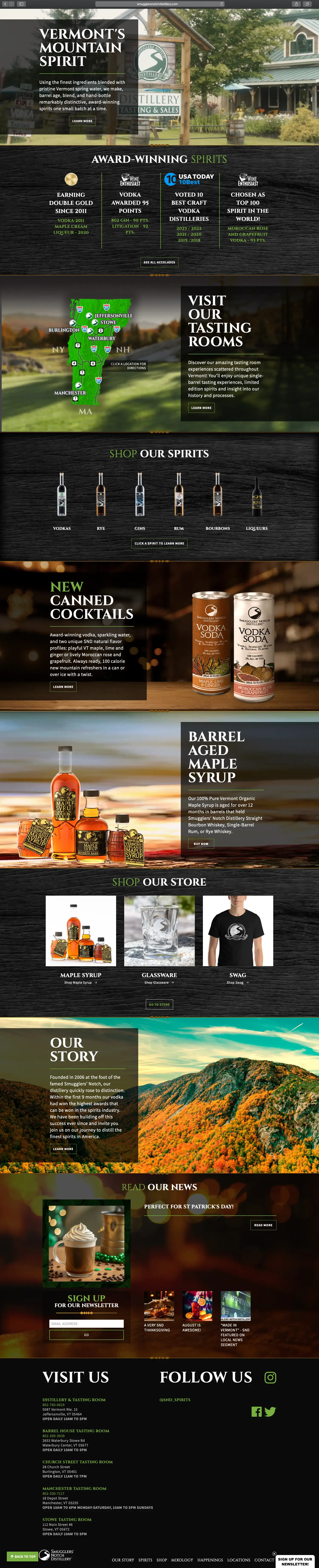 Website design and website development for Smugglers' Notch Distillery - homepage view.
