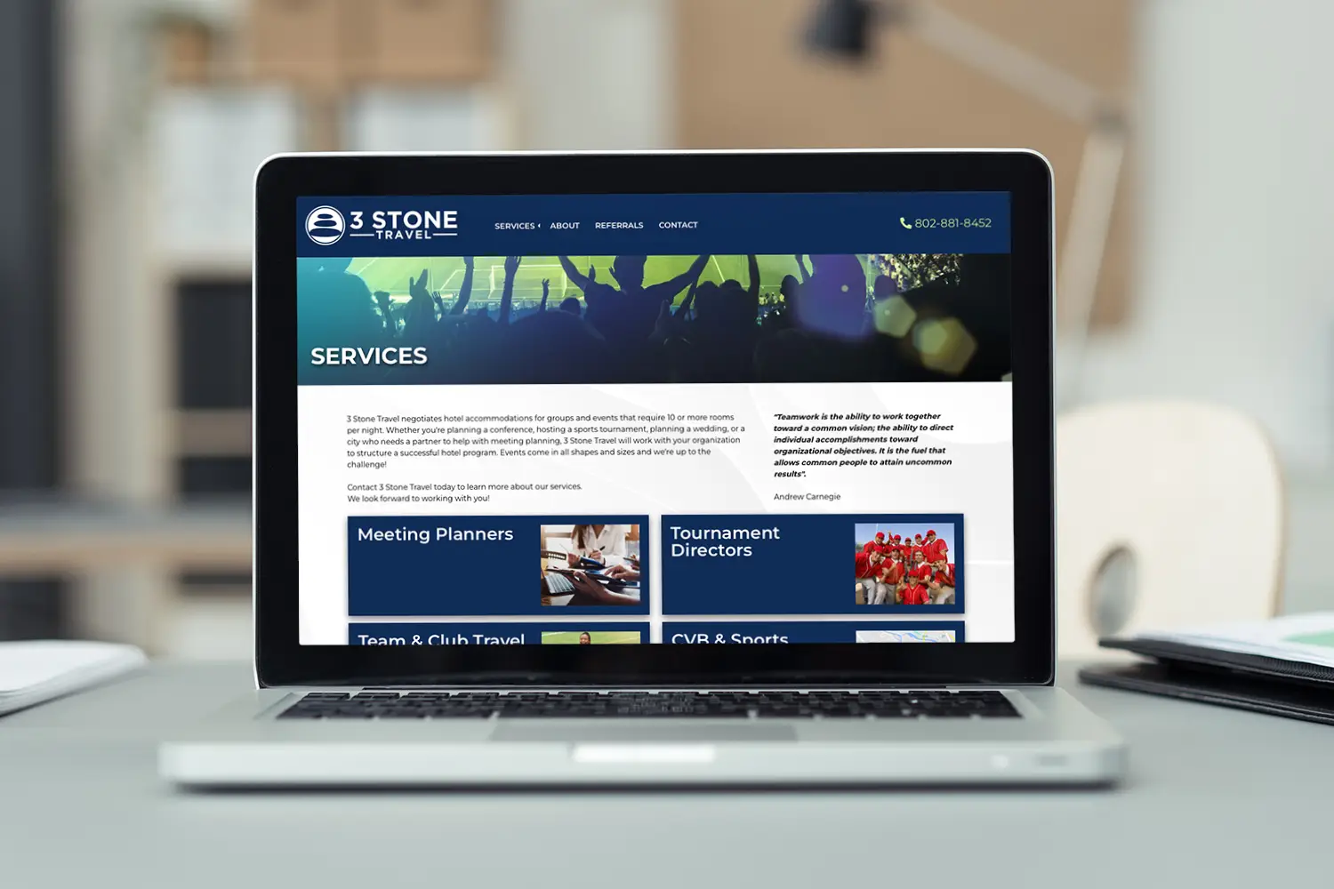 Website design for 3 Stone Travel - desktop view.