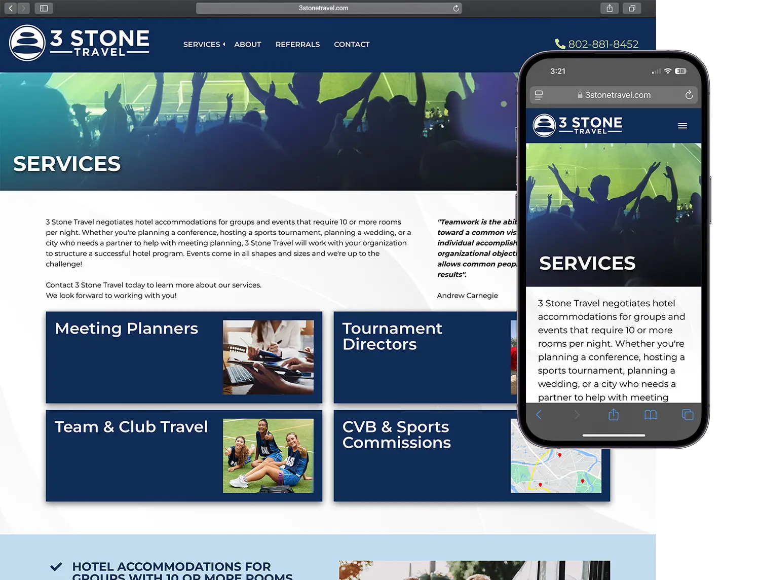 Website design for 3 Stone Travel - alt view.