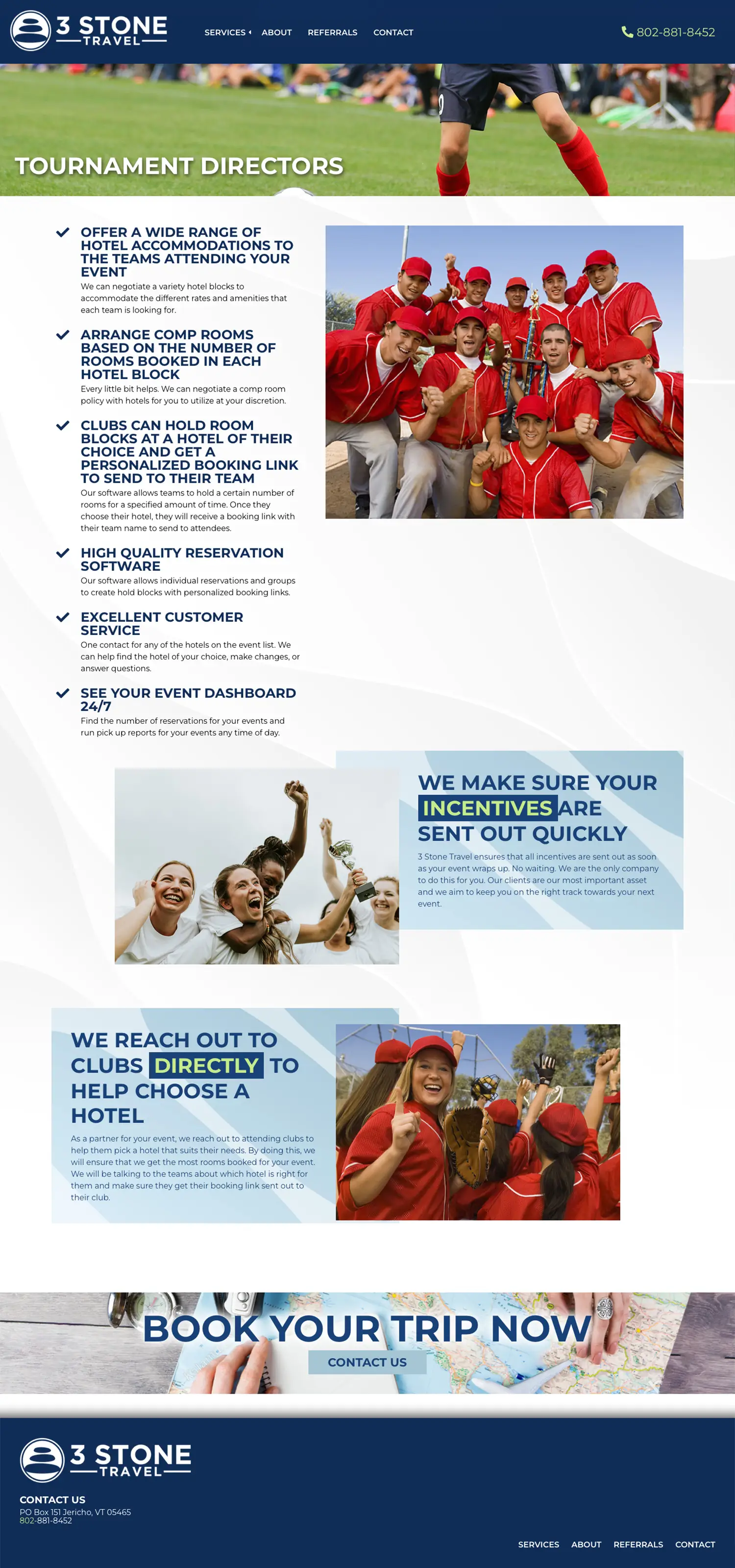 Website design and website development for 3 Stone Travel - secondary page view.