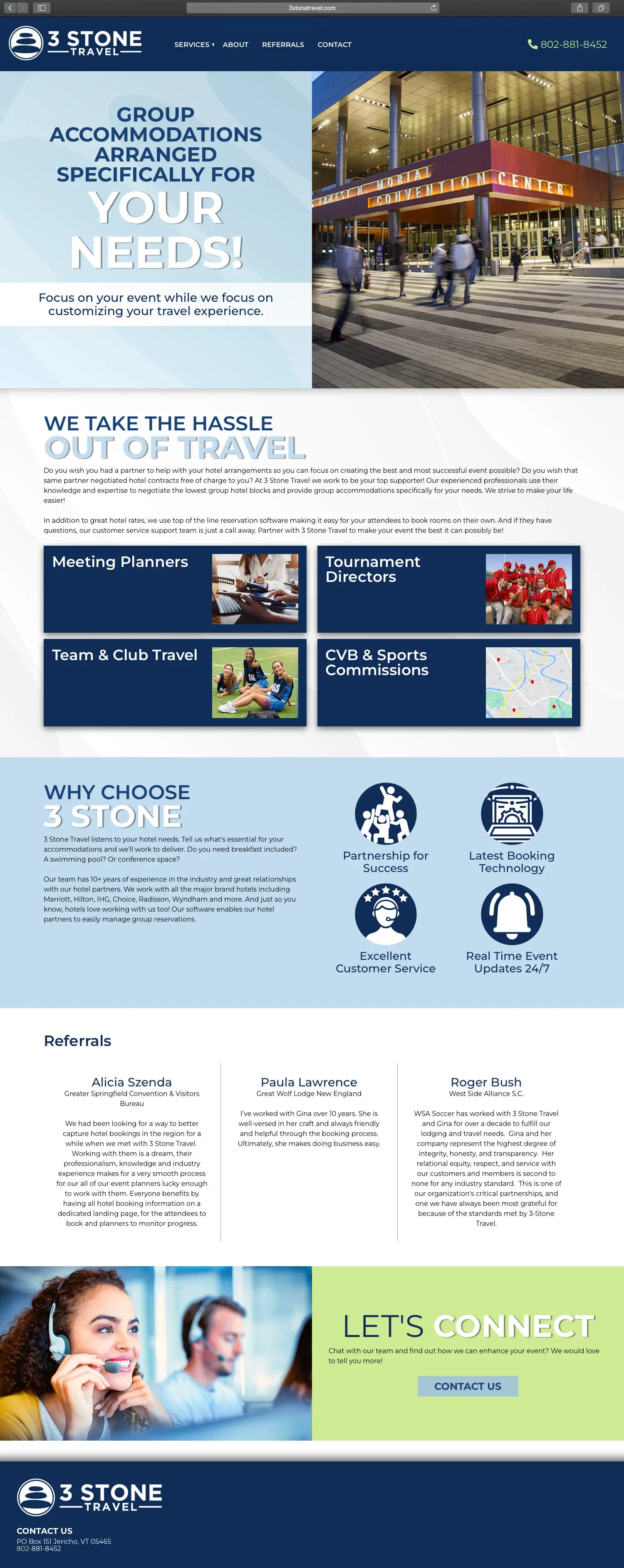 Website design and website development for 3 Stone Travel - homepage view.