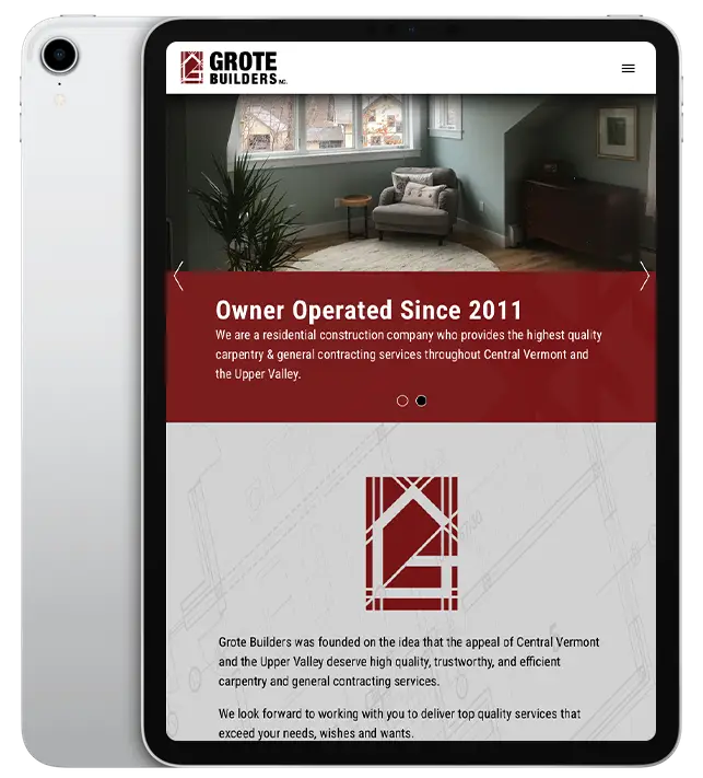 Website design for Grote Builders - ipad view.