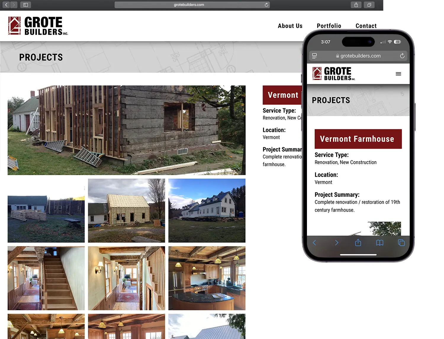 Website design for Grote Builders - alt view.