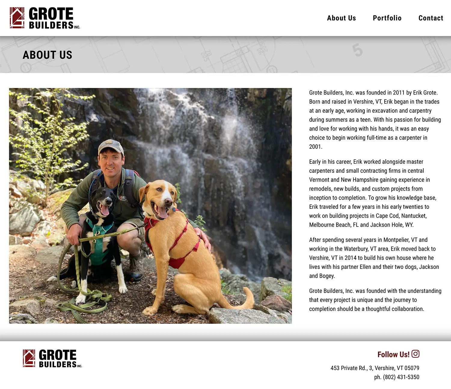 Website design and website development for Grote Builders - secondary page view.