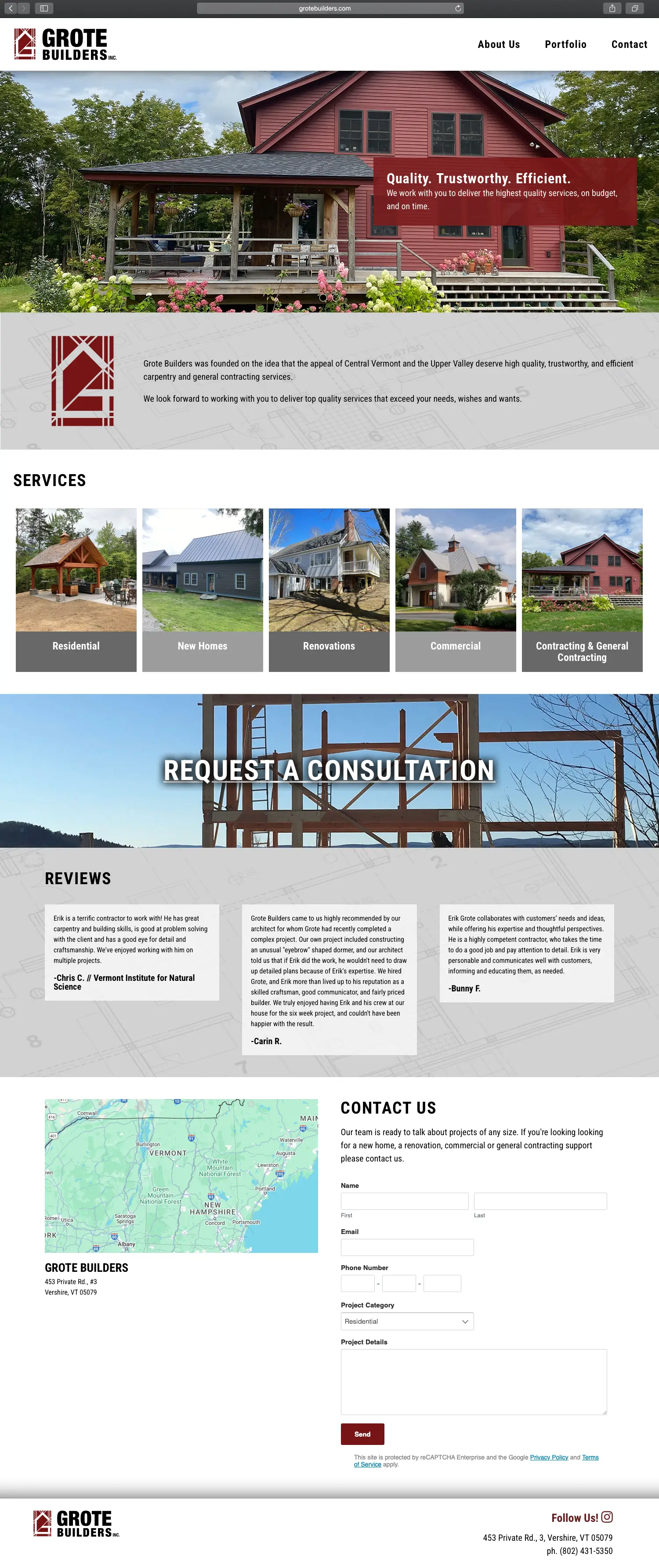Website design and website development for Grote Builders - homepage view.