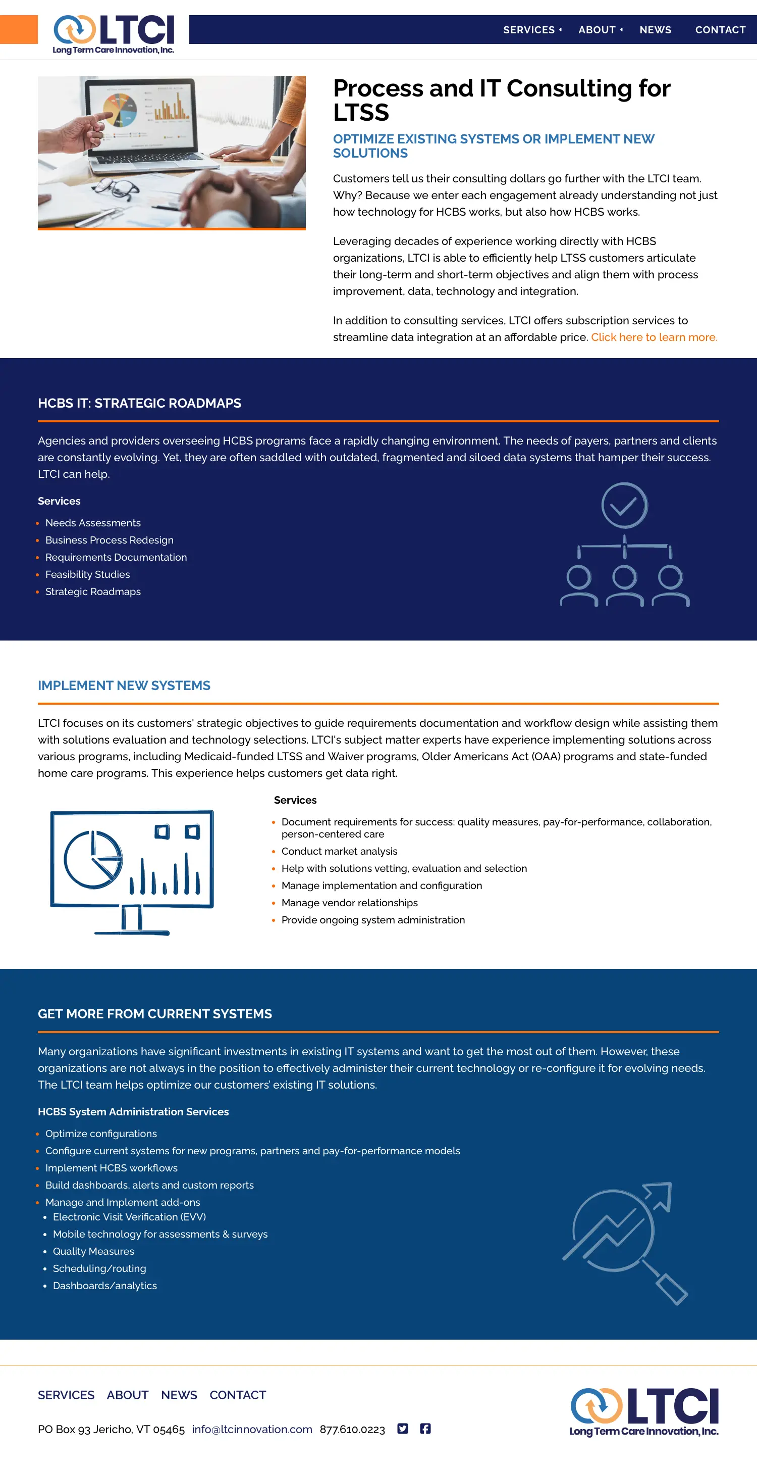 Website design and website development for Long Term Care Innovation - secondary page view.