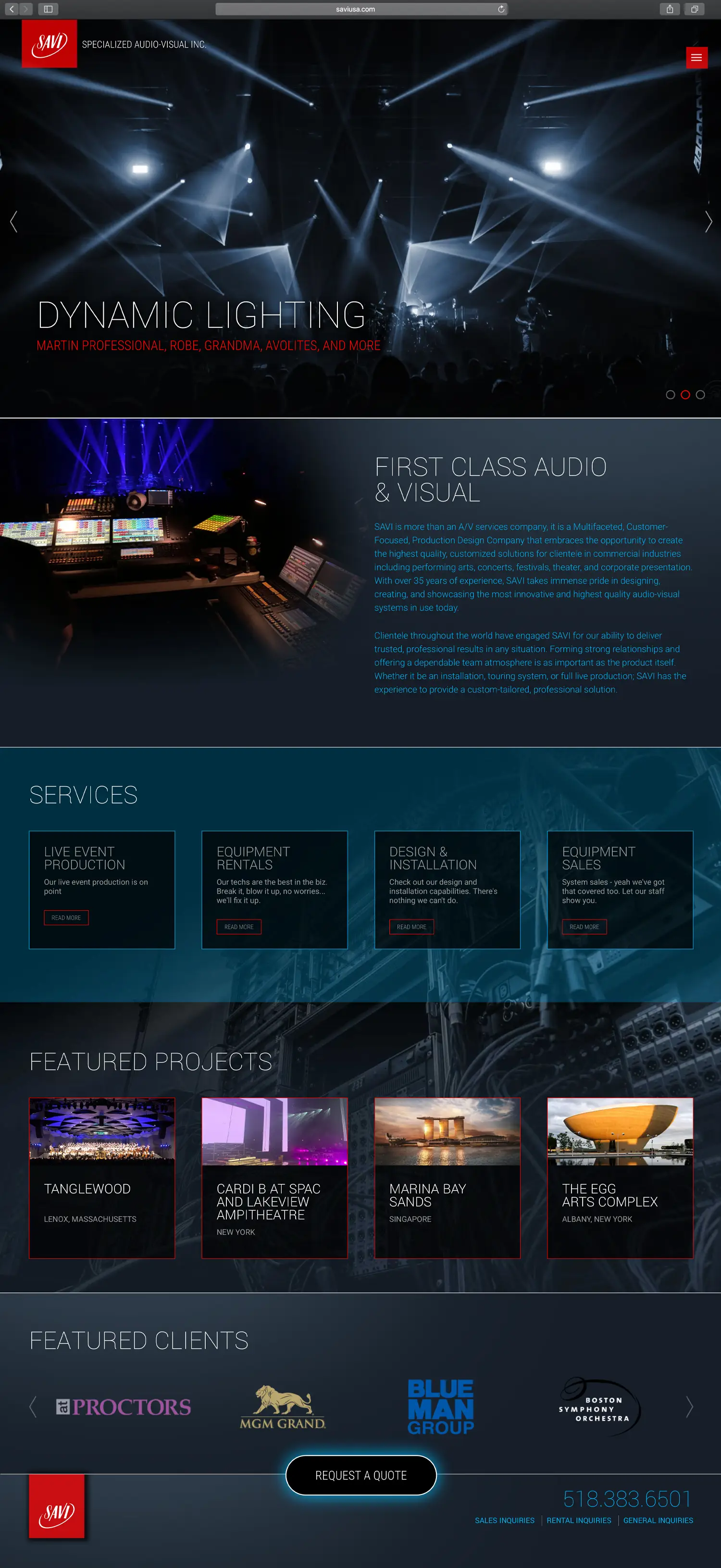 Website design and website development for Specialized Audio-Visual Inc. - homepage view.