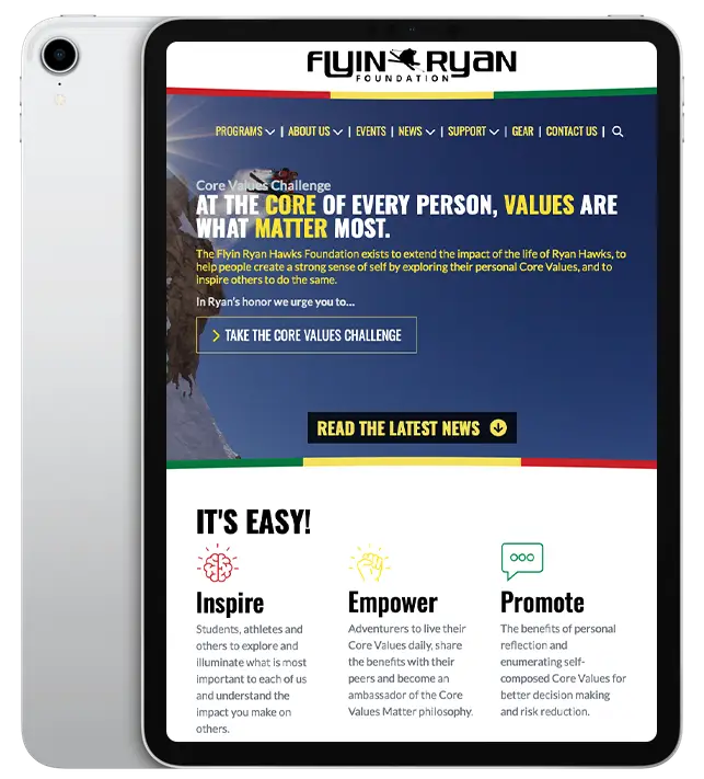 Website design for The Flyin Ryan Hawks Foundation - ipad view.