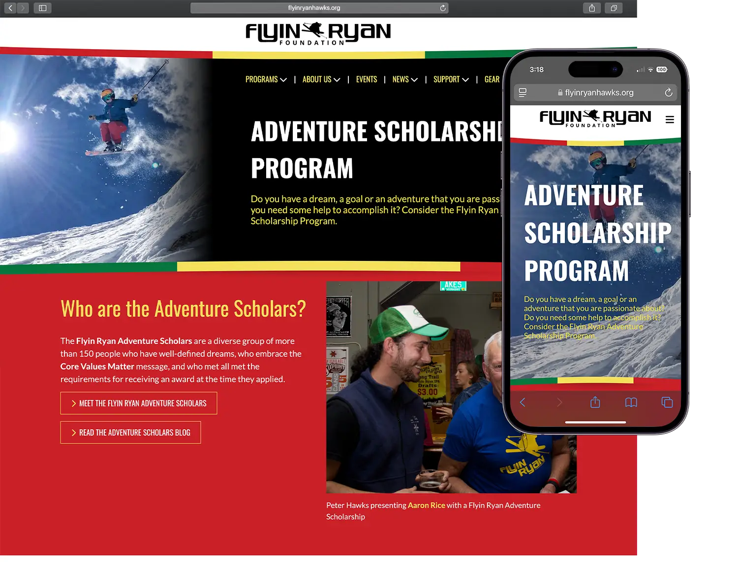 Website design for The Flyin Ryan Hawks Foundation - alt view.