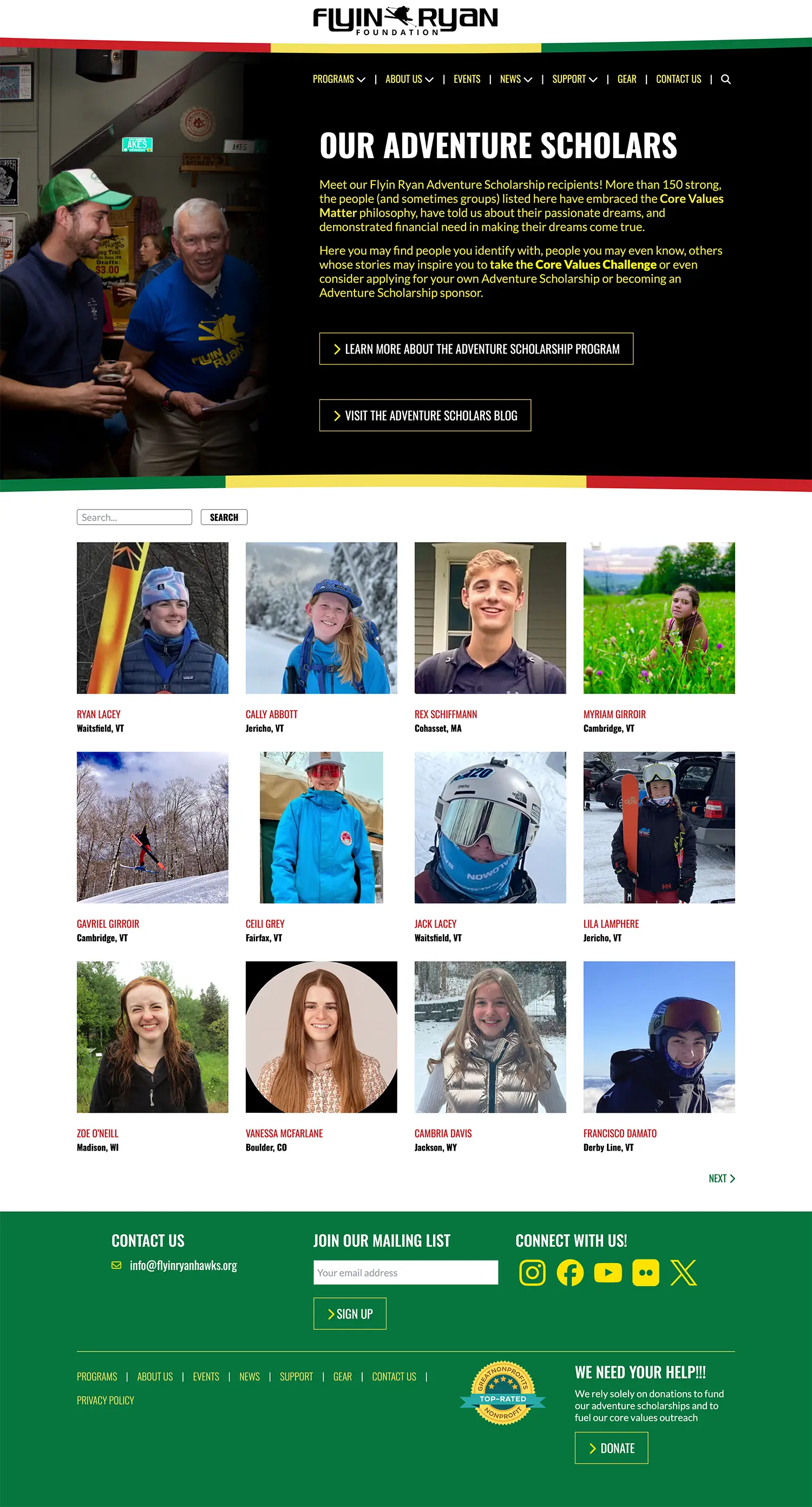 Website design and website development for The Flyin Ryan Hawks Foundation - secondary page view.