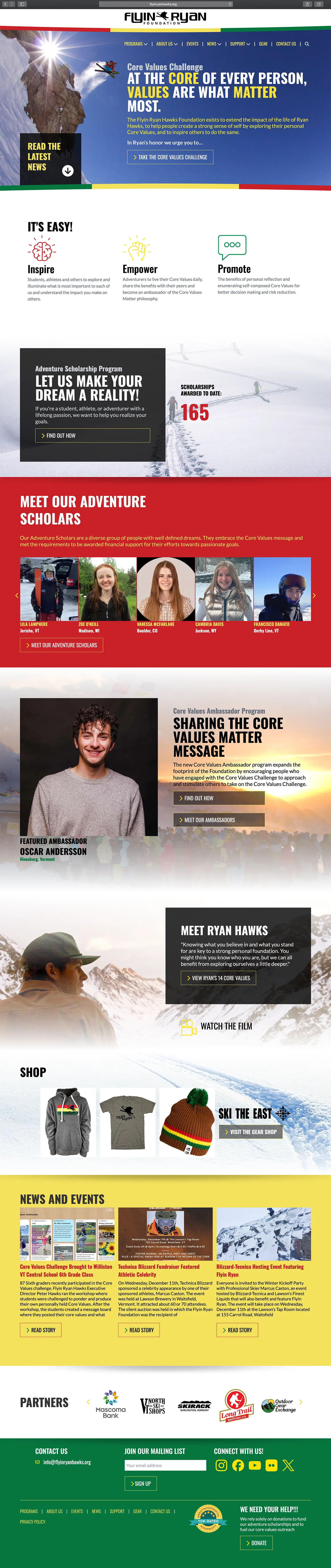 Website design and website development for The Flyin Ryan Hawks Foundation - homepage view.