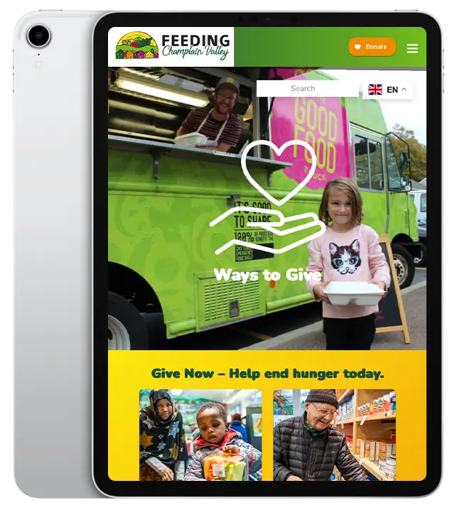 Website design for Feeding Champlain Valley - ipad view.